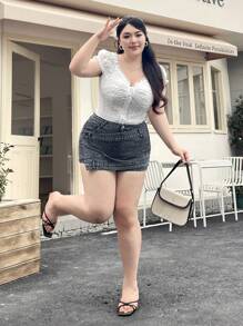 SHEIN ICON Plus Size Women's Elastic Black & Gray Fashionable Denim Skort Shorts, Summer