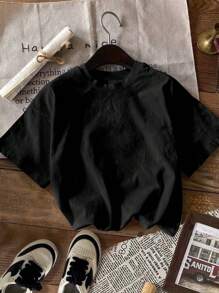 SHEIN EZwear Áo thun cổ tròn tay ngắn thả vai mùa hè cỡ lớn cho nữ - màu đen - Xem 2