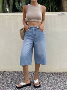Livesso 女士宽松休闲复古牛仔短裤，夏季牛仔短裤 - 藍色 - 查看 2