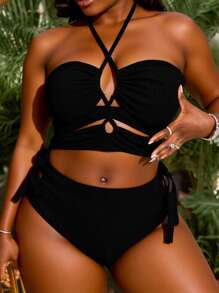 Slaydiva Summer Beach Plus Size Crisscross Tie Side Halter Bikini Set