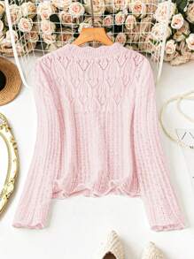 DreamSkyne 大码纯色镂空针织单排扣长袖开衫 - 粉色 - 查看 2