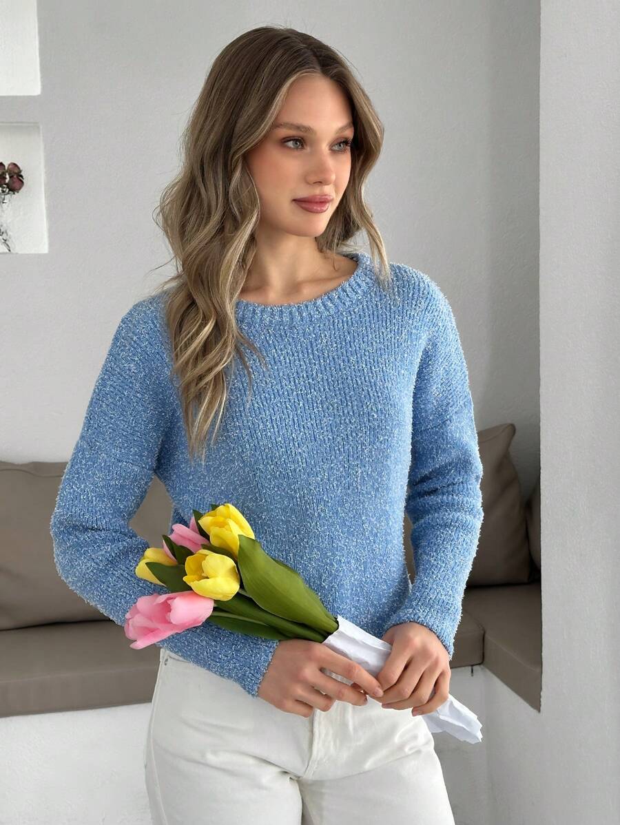 EURMUSE Women Round Neck Baby Blue Cozy Sweater Blue Sweater Womens Sweater Womens Pullover Womens Jumper Pullover Sweater Light Blue Sweater,Jumpers,Women's Jumpers,Winter Clothes - Baby Blue - View 1