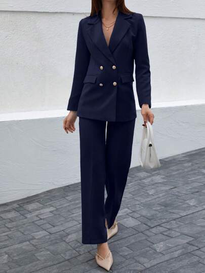 EURMUSE Women's Solid Color Notched Collar Drop Shoulder Long Sleeve Double-Breasted Suit Set