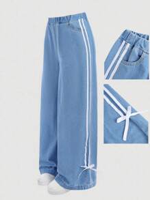 SHEIN Girlism 少女蓝色宽松阔腿牛仔裤，侧边蝴蝶结，春夏休闲度假乡村波西米亚风装