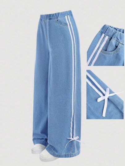 SHEIN Girlism Teen Girl Blue Loose Wide Leg Jeans With Side Bows,Spring And Summer Casual Vacation Country Boho Wear