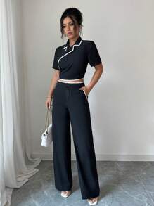 SHEIN Unity 2 件套女士纯色短袖上衣和裤子套装，工作通勤装 - 黑色 - 查看 5