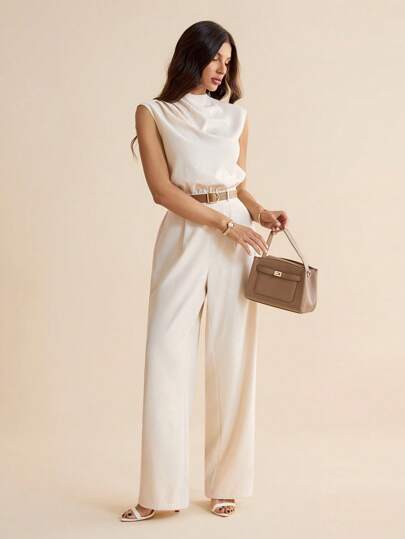 SHEIN Tall Mono de mujer de tejido plisado de unicolor sin mangas con cinturón