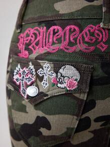 ROMWE Avant Jupe mini en jean avec broderie sexy de crâne, aile et imprimé léopard camouflage décontracté de rue