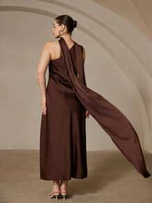 Aveloria Revavyn Vestido largo de fiesta con escote asimétrico, cintura ceñida en raso marrón, diseño de alta gama, falda envolvente hasta el suelo, sin mangas, para tallas grandes - Café integral - Ver 2