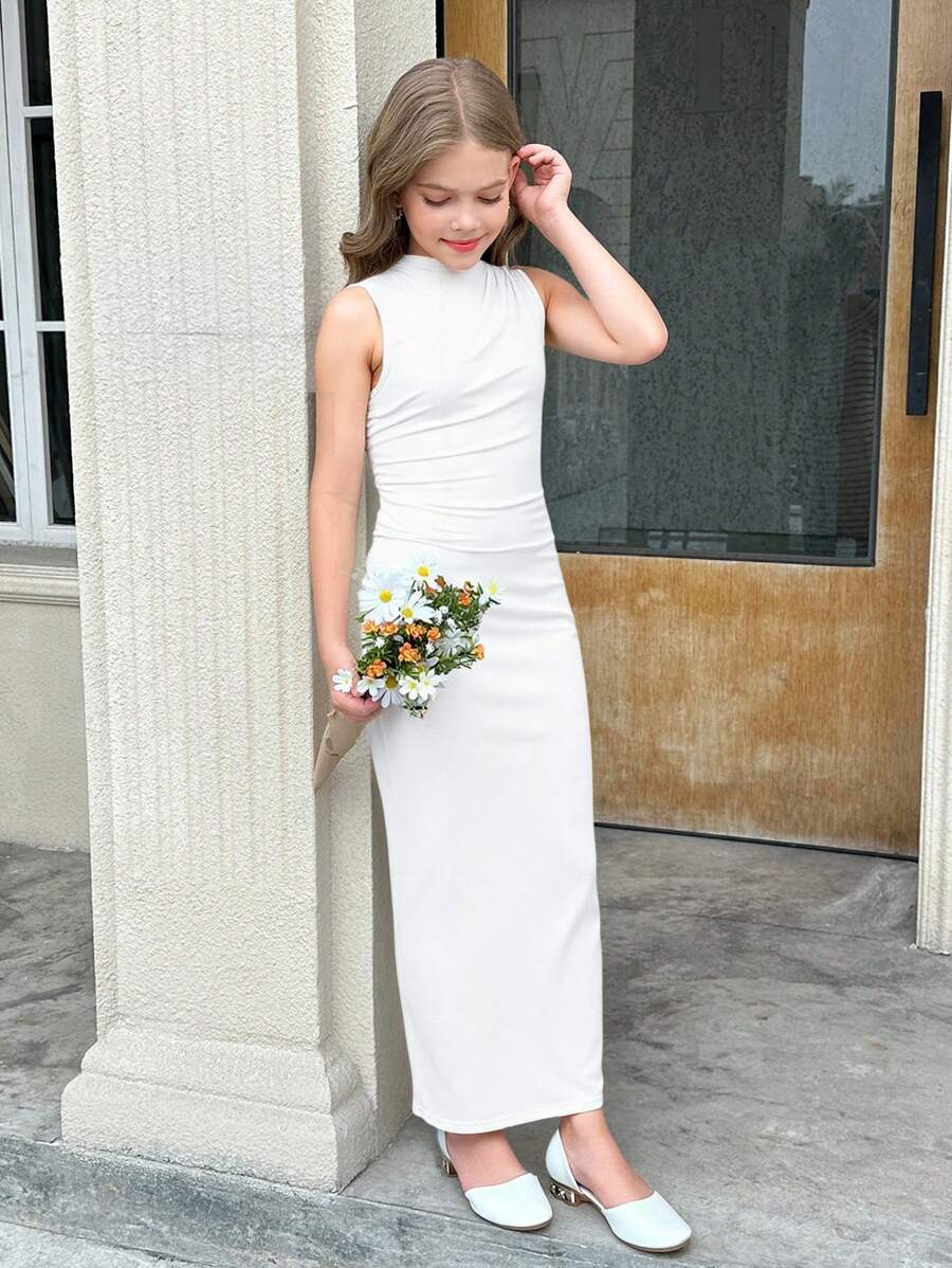 SHEIN Serisse Kids Váy xếp ly bên hông không tay cổ đứng màu trắng trơn đơn giản cho bé gái tuổi mới lớn - trắng - Xem 1