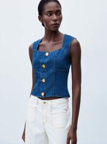 Maija 女式修身牛仔休闲上衣，蓝色 - 中等水洗藍 - 查看 2