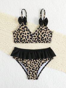 女童豹纹蝴蝶结装饰泳衣度假套装儿童泳衣女童两件套泳衣女童比基尼套装女童泳衣两件套儿童两件套泳衣女童服装泳衣套装 - 彩色 - 查看 7