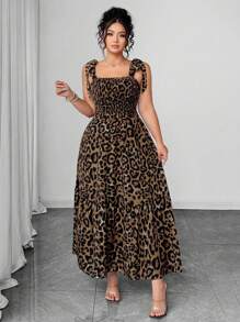 Elenzga Plus Size Women Leopard Print Tie-Up Bow Decor Waist Ruffle Hem Long Casual Vacation Dress, Spring/Summer - Brown - View 4