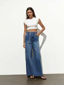 Lumivelle Women's Denim Straight-Leg Pants With Belt, Fashion For Summer - Medium Wash - View 4