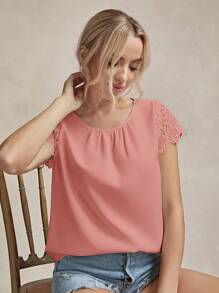 SHEIN LUNE 对比色花边袖衬衫，短袖上衣