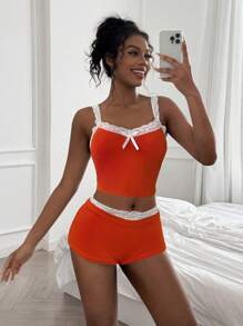 Amplova 2pcs/Set Contrast Color Orange Lace Patchwork Bow Decor Camisole Top And Super Low Waist Lace Patchwork Mini Shorts - Orange - View 6