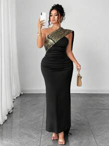 Elenzga 加大码中东风格修身长裙，带抹胸领口 - 黑色 - 查看 6