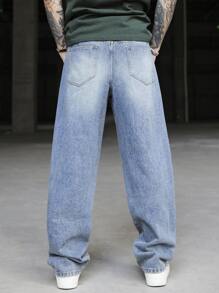 Manfinity Homme Men's Casual Washed Distressed Straight Leg Jeans - Medium Wash - View 2