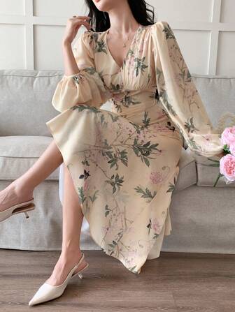 DAZY فستان أنيق متوسط الطول بأكمام فانوس وياقة على شكل حرف V مزخرف بنقشة زهور صغيرة للنساء، فستان طويل الأكمام للربيع والصيف