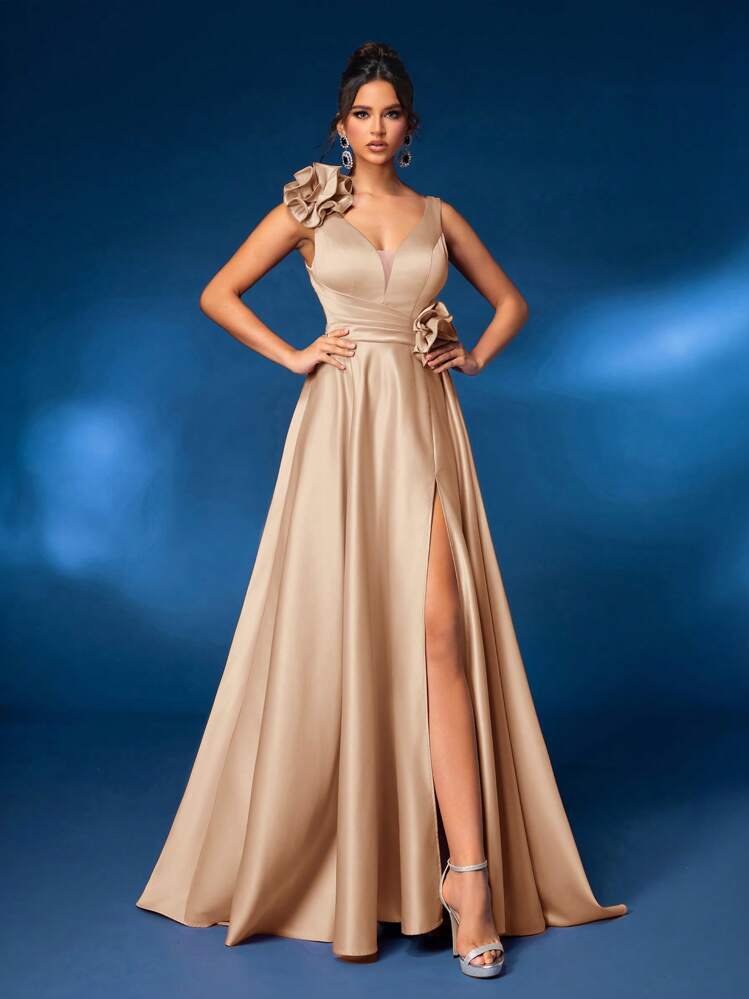 Glamrae Elegante y lujoso vestido largo rosa con escote en V, decoración bordada, abertura alta y dobladillo con vuelo y cola, vestido de noche formal - Albaricoque - Añade 1