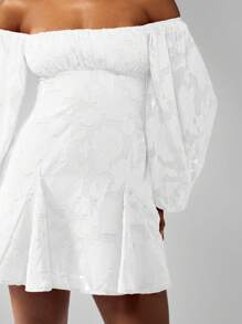 MISSGUIDED Off Shoulder Balloon Sleeve Mini Skater Dress Puff Sleeve Ruched Bust Textured Party Wedding Reception Bridesmaid Evening - White - View 6