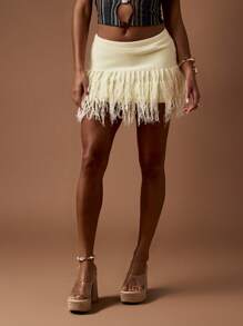 MISSGUIDED 流苏针织迷你裙节日波西米亚风夏季沙滩装钩针度假服池畔度假舞会溜冰流苏时尚服饰 - 杏色 - 查看 1