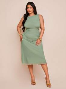 SHEIN BAE 大码女式黑色网眼优雅中长款紧身 A 字针织连衣裙，适合毕业典礼、婚礼、法式风格、晚礼服、生日礼服、伴娘礼服、简约优雅日常礼服、婚纱、伴娘礼服、鸡尾酒会礼服、派对礼服、女士夏季连衣裙 - 薄荷綠 - 查看 1