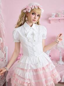 ROMWE Kawaii Blusa Lolita da donna estiva aderente, con decorazione fiocco a contrasto, maniche a palloncino, orlo arricciato a balze