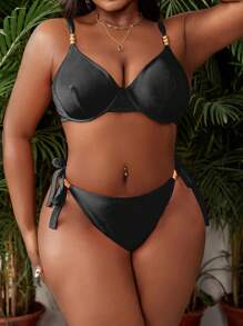 Slaydiva 大码女式两件套纯色钢圈圆珠性感简约高腰三角泳裤分体比基尼休闲度假泳衣套装 - 黑色 - 查看 4