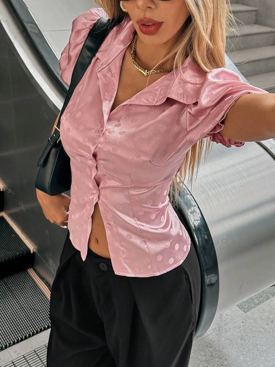 SHEIN Essnce ملابس علوية نسائي أنيق بأكمام منفوخة، بطبعة نقاط دائرية، لون وردي، ملابس علوية صيفية - وردي - مشاهدة 1
