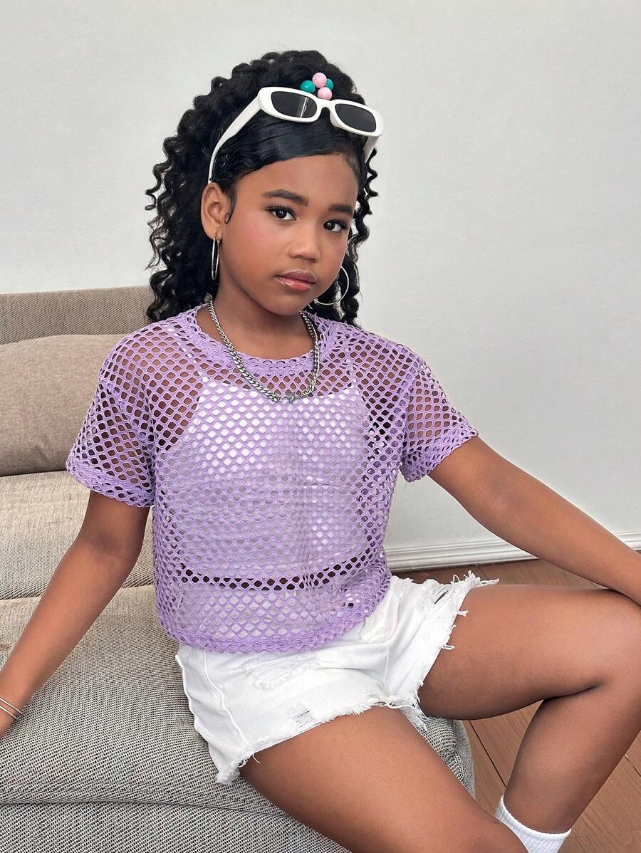 SHEIN Áo thun thể thao tay ngắn cổ tròn lưới đan thời trang dạo phố cho bé gái tuổi teen - Màu tím hoa cà - Xem 1