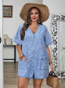 EMERY ROSE Plus Size Women's Washed Pockets V-Neck Denim Romper, Summer Woman Summer Clothes Women Clothes Vacation Women Summer Clothes Country Concert Outfit Boho Beach Vacation Outfits Festival Outfits For Women Hawaii Outfits Women Jumpsuits For Woman Elegant
