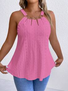 SHEIN LUNE Plus Size Women Vacation Burnout Embroidered Circle Connect Camisole - Hot Pink - View 4