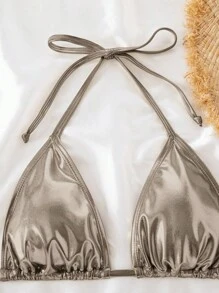 Swim Basics 女士夏季海滩纯色金属吊带性感比基尼两件套泳衣套装 - 銅色 - 查看 4