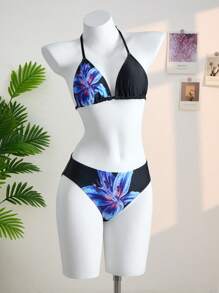 SHEIN TEENGIRL 3Pcs/Set Black Bikini With Blue Floral Print, Beach & Resort Vacation Swimwear Set Two Pieces Set Women - Blue - View 4