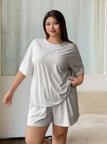 Dazy Plus Conjunto de pijama casual de talla grande con top de cuello redondo de punto de unicolor y pantalones cortos - Gris - Ver 8