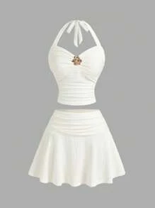 SHEIN MOD 度假系带V领花卉金属扣针织修身两件套女装，夏季服装，返校季服装，教师服装，西式女装，度假女装，假日女装，休闲套装，沙滩套装，沙滩女装，派对服装，海岛装 - 杏色 - 查看 1