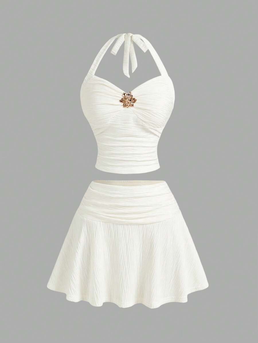 SHEIN MOD 度假系带V领花卉金属扣针织修身两件套女装，夏季服装，返校季服装，教师服装，西式女装，度假女装，假日女装，休闲套装，沙滩套装，沙滩女装，派对服装，海岛装 - 杏色 - 查看 1