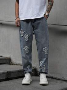 Manfinity Hypemode Men's Casual Washed Cross Patch Denim Jeans, Ripped Baggy Jeans Men, Loose Jeans Pants For Men, Manfinity Legnd Men Cotton Splash Ink Ripped Jeans