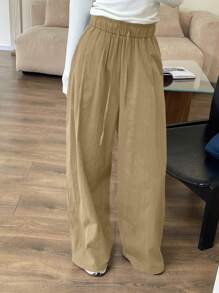 DAZY Solid Color Loose Fit High Waist Wide Leg Pants, Elastic Waist Casual Women Trousers, Summer,Teacher Pants - Army Green - View 5