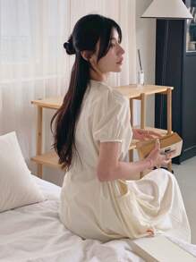 DAZY 女式短袖高腰飘逸海滩度假连衣裙 - 米色 - 查看 5