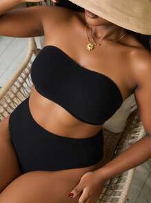 Slaydiva Summer Beach Plus Size Solid Bandeau Bikini Set - Black - View 6