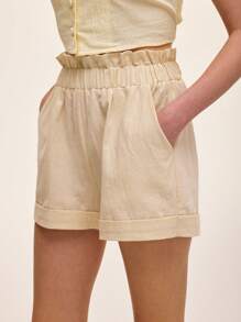 SHEIN ChicEase 女士夏季纯色高腰弹力腰荷叶边休闲短裤 - 卡其色 - 查看 6