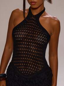 MUSERA 交叉露背钩针编织流苏下摆迷你连衣裙 春夏度假沙滩罩衫泳装 可爱性感波西米亚风优雅伊比沙岛音乐节夜游冬季约会派对时尚 - 黑色 - 查看 2