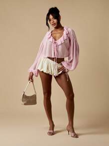 MISSGUIDED Victorian Style Ruffle Neck Blouse Balloon Sleeve Cottage Core Peasant Top Long Sleeve Vintage Inspired Renaissance Clothing - Pink - View 6