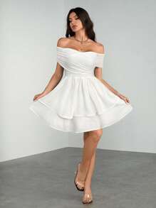 SHEIN Tall 女士纯色露肩交叉领腰部 A 字下摆迷你连衣裙时尚优雅 Y2K 适合约会、外出和夏季旅行 - 白色 - 查看 6