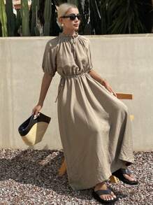 Livesso Women's Solid Color Frill Tie Neck Short Sleeve Midi Dress For Summer - Coffee - View 4