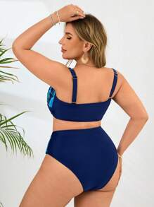 Swim Lushoire Plus Size Women 2pcs Set Plant Print Cross Front Camisole Top And Triangular Bottom Swimsuit Set, For Vacation,Summer Outfits For Women,Bathing Suit