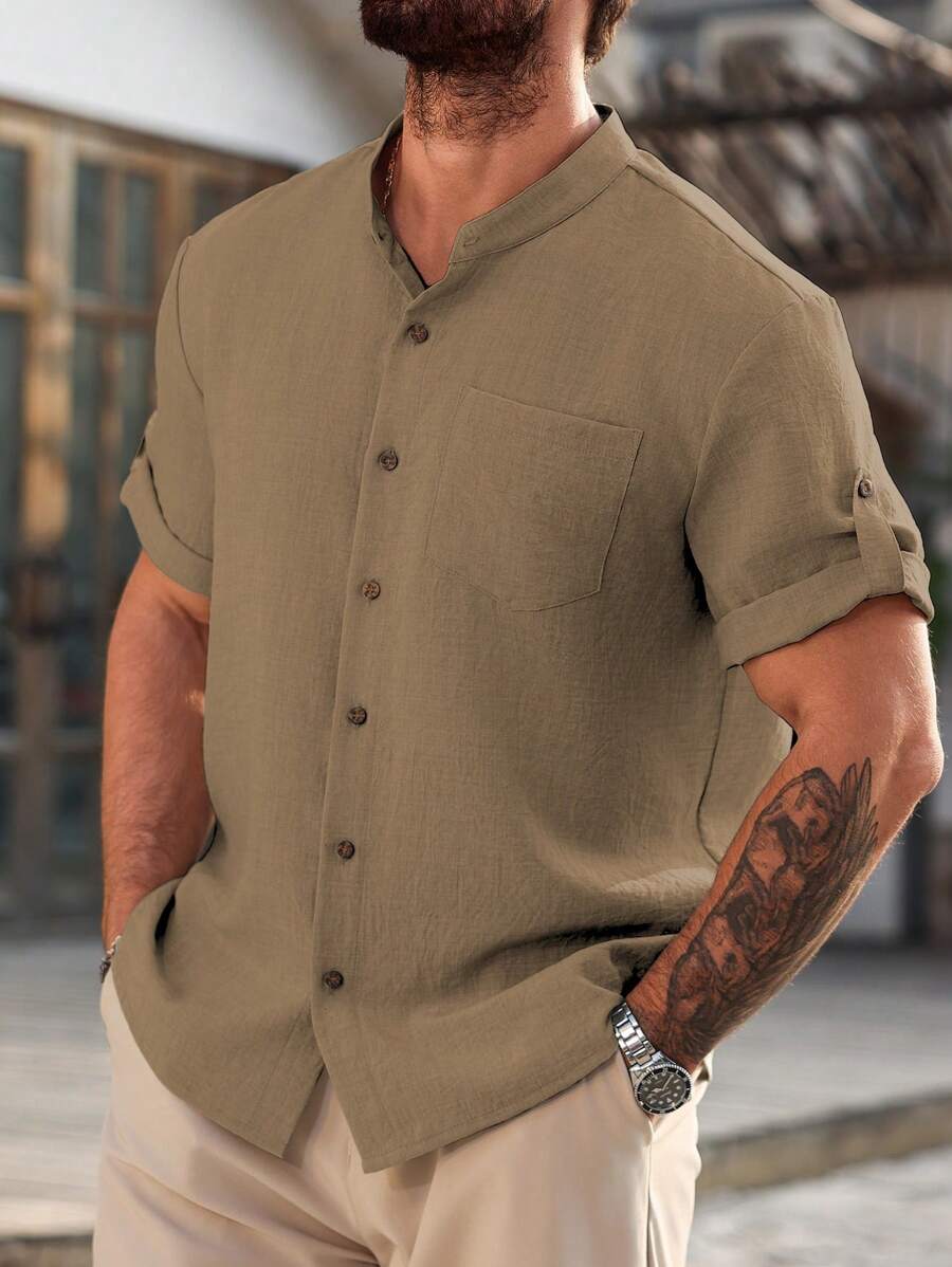 Manfinity Homme Plus Size Men's Solid Color Short Sleeve Single-Breasted Pocket Casual Shirt For Summer Khaki - Coffee Brown - View 1