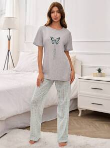 Conjunto de pijama de 2 piezas para mujer con camisa de manga corta con estampado de mariposa y pantalón a cuadros